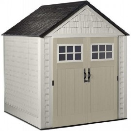 Rubbermaid 7x7 Ft Durable Weather Resistant Resin Outdoor Garden Storage Shed with Windows and Utility Hooks, Sand